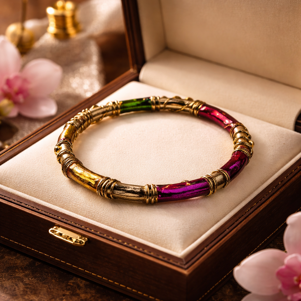 Vintage-Style Green & Red Enameled Bangle Bracelet | Gold-Tone Wire-Wrapped Boho Jewelry