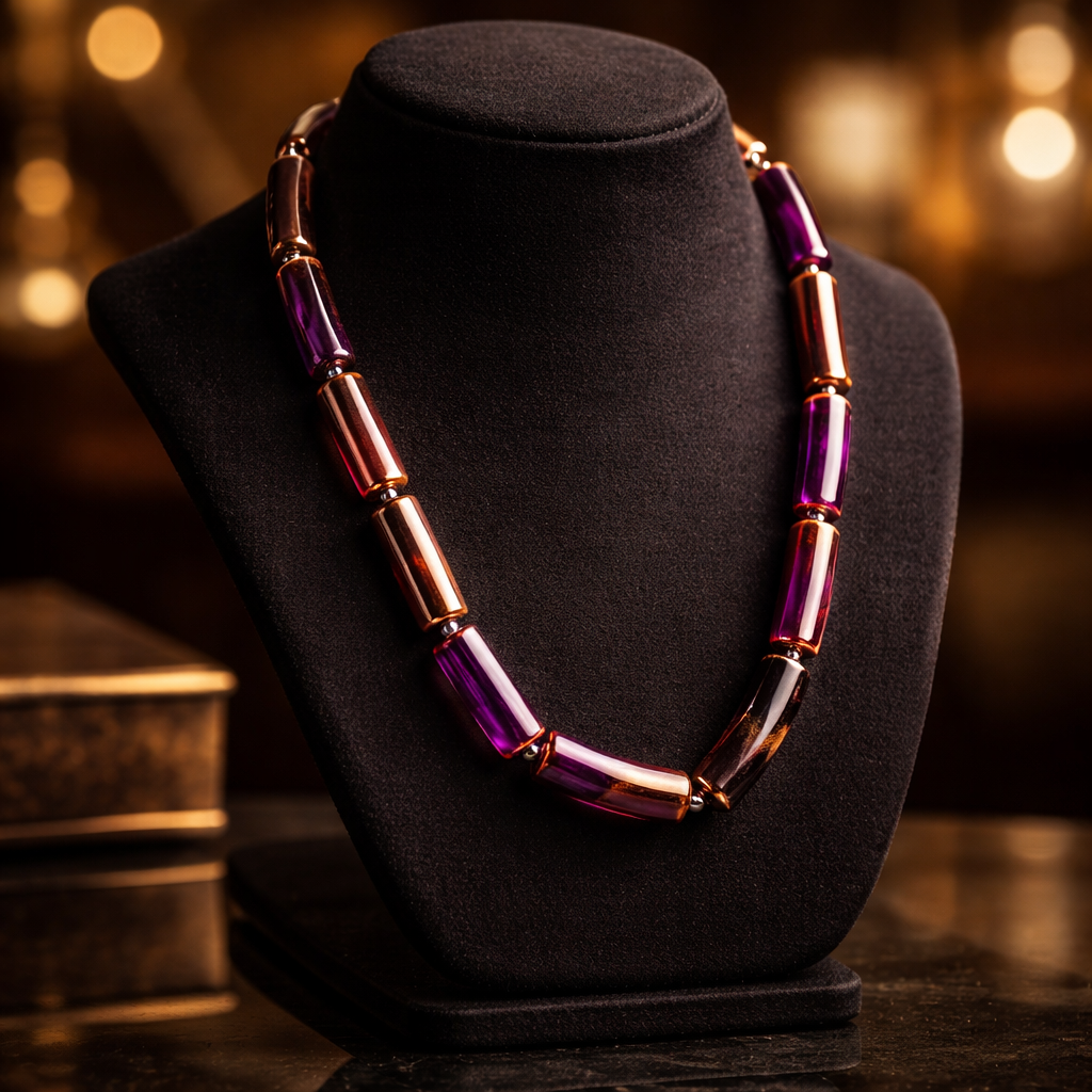 Two-Tone Purple & Bronze Tube Bead Necklace | Metallic Glass Statement Jewelry with Silver Accents
