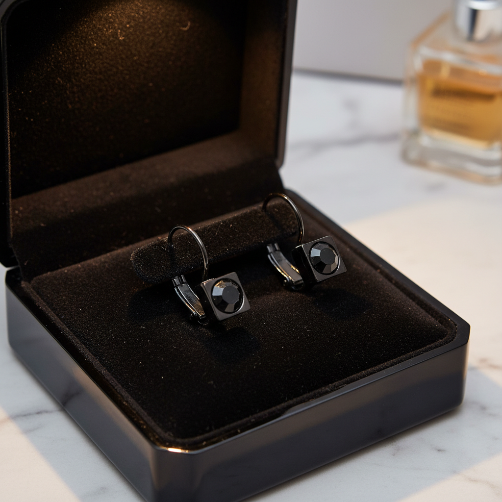 Modern Edge: Black Crystal Square Drop Earrings