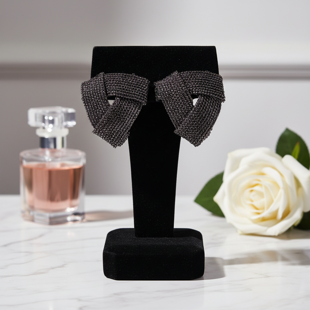 Dramatic Flair: The Black Mesh Bow Statement Earrings