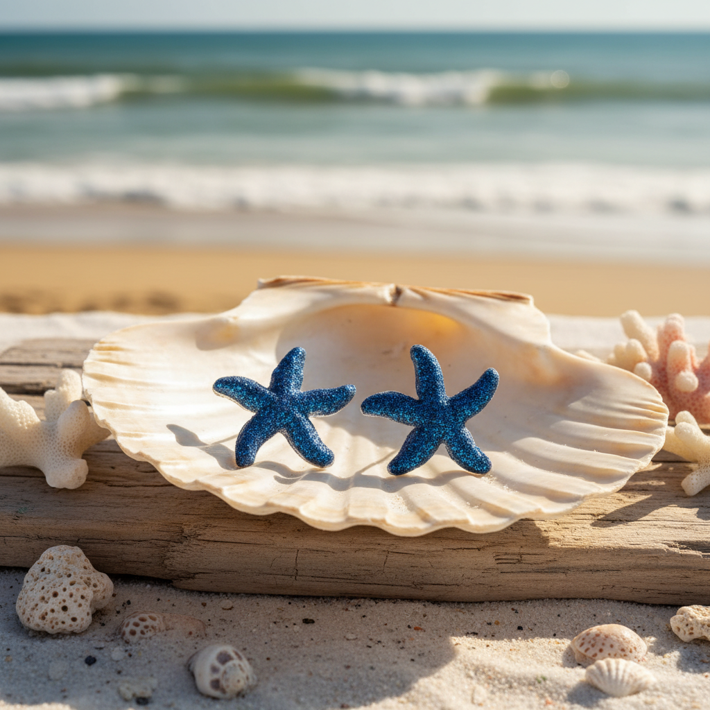 Sparkling Ocean Blue Starfish Stud Earrings