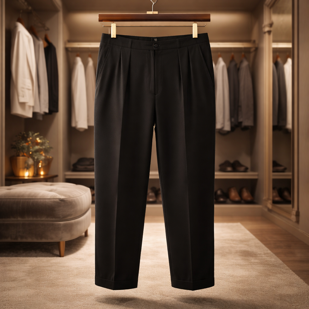 sophisticated, high-waisted design with double front pleats Size 6