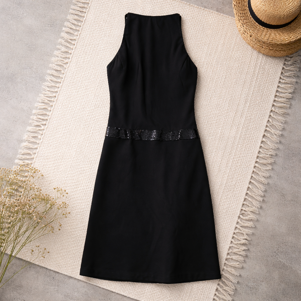 Calvin Klein sleeveless dress features a sleek, high-neck halter silhouette that elegantly highlights the shoulders. Size 12