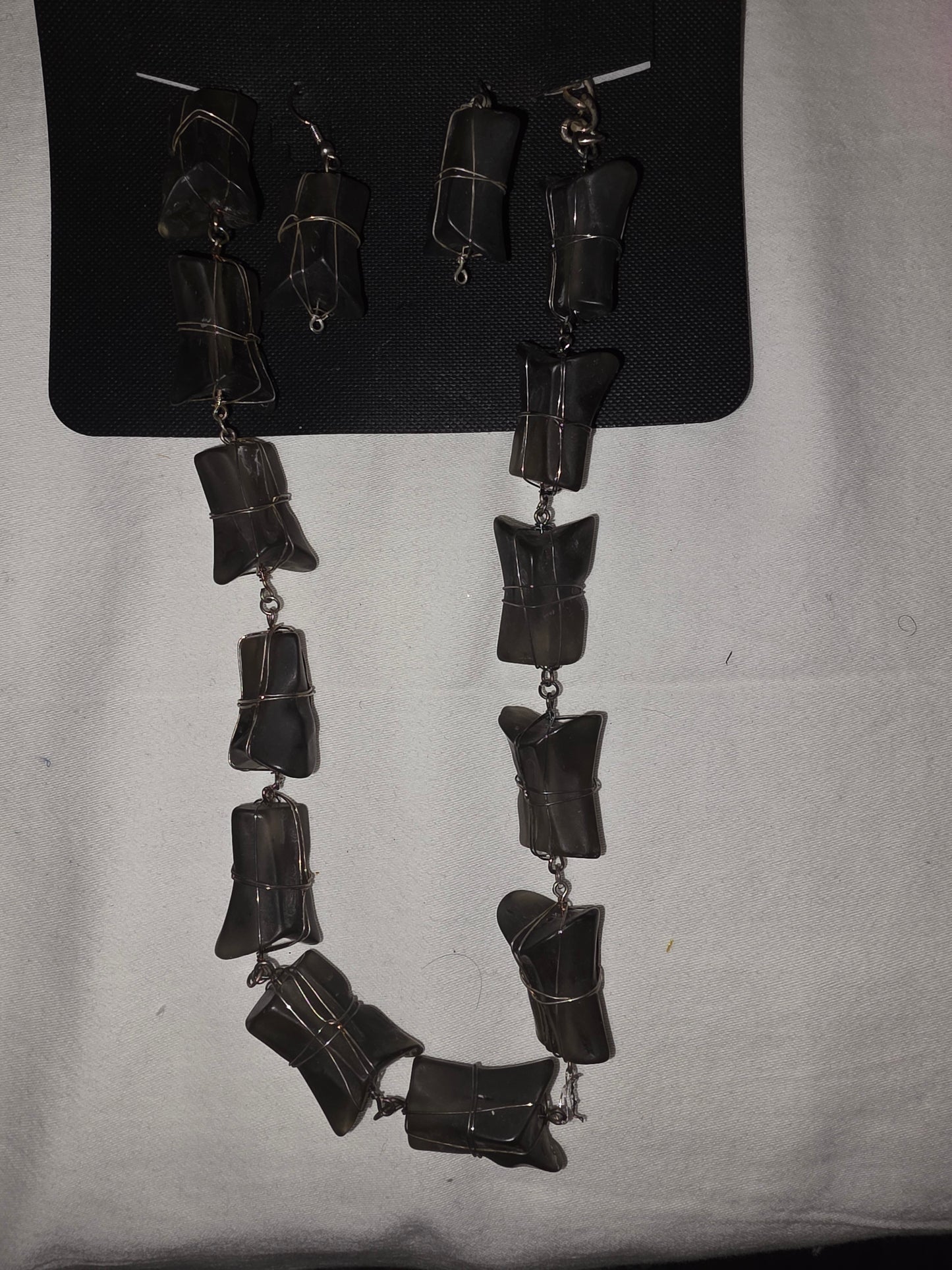 Artisan Hammered Gunmetal-Tone Link Necklace & Earring Set | Modernist Brutalist Abstract Jewelry