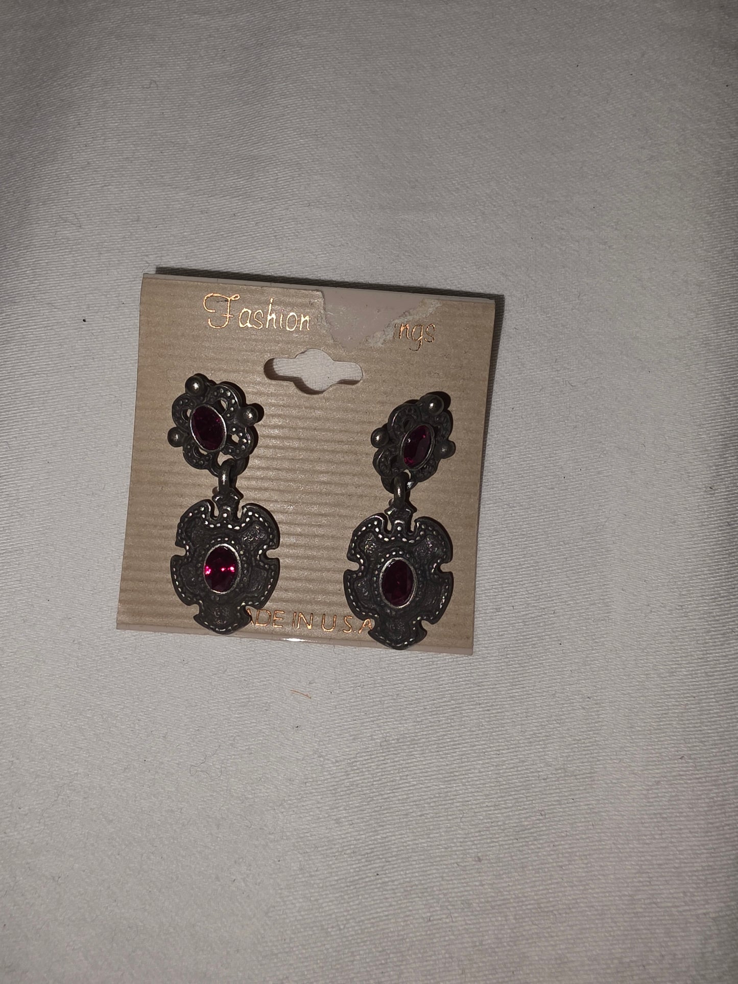 Gothic Victorian Revival Dangle Earrings | Antiqued Pewter-Tone & Ruby Red Rhinestone Jewelry