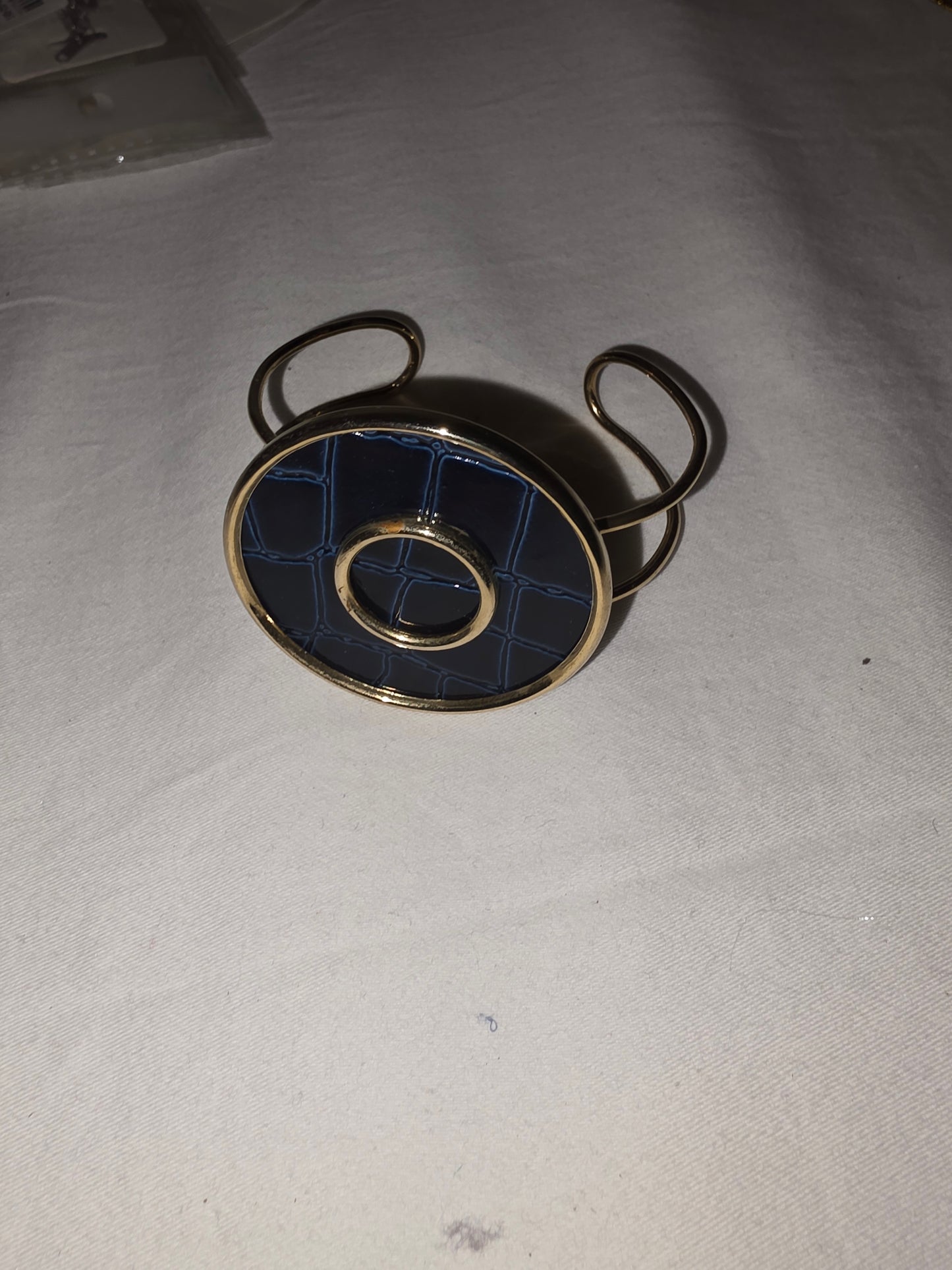 Art Deco Style Open Cuff Bracelet | Gold-Tone Bangle with Navy Blue Faux Croc Inlay