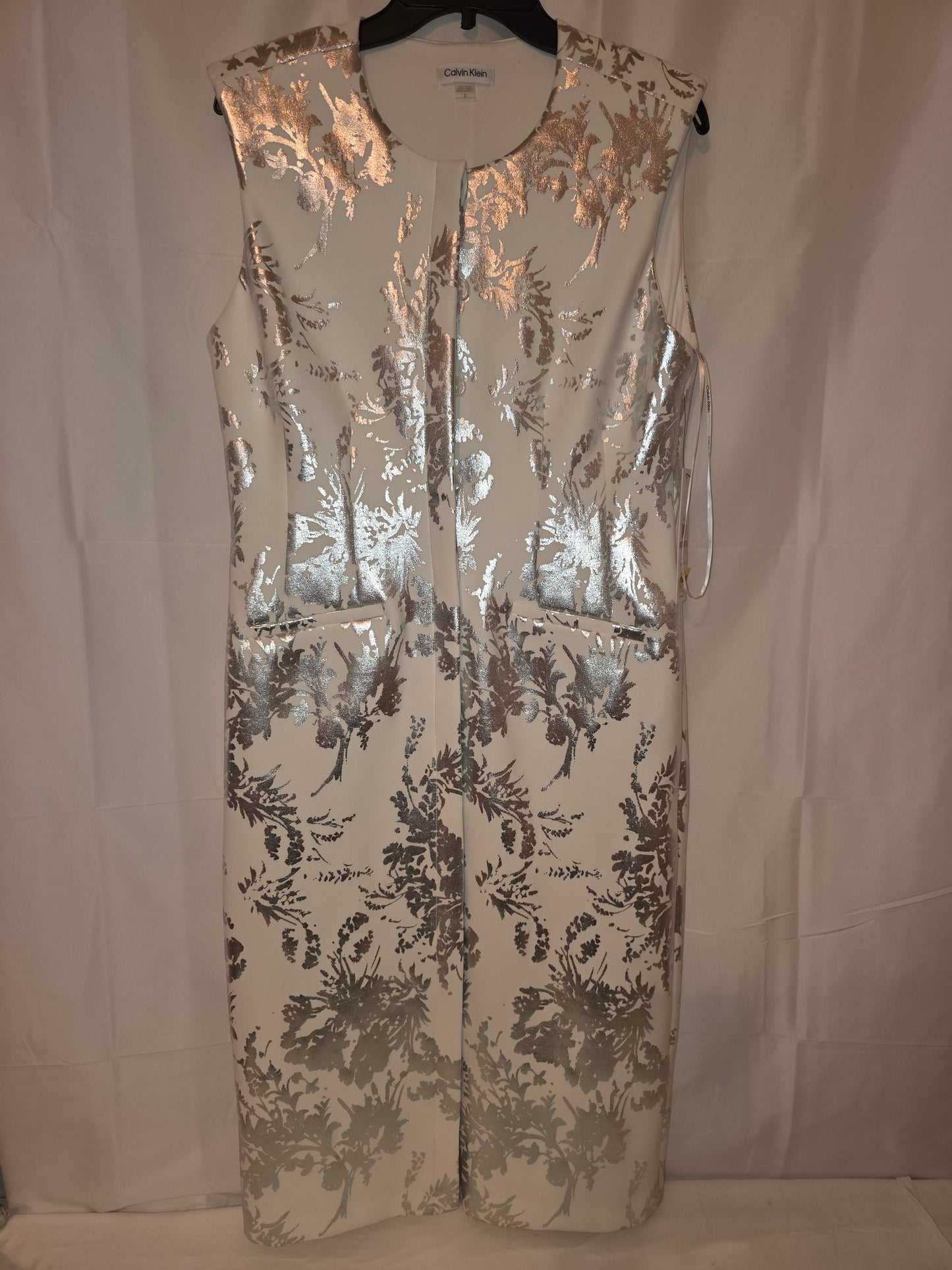 Calvin Klein Sleeveless White & Silver Metallic Floral Sheath Dress Size 12 - All Seasons Curves