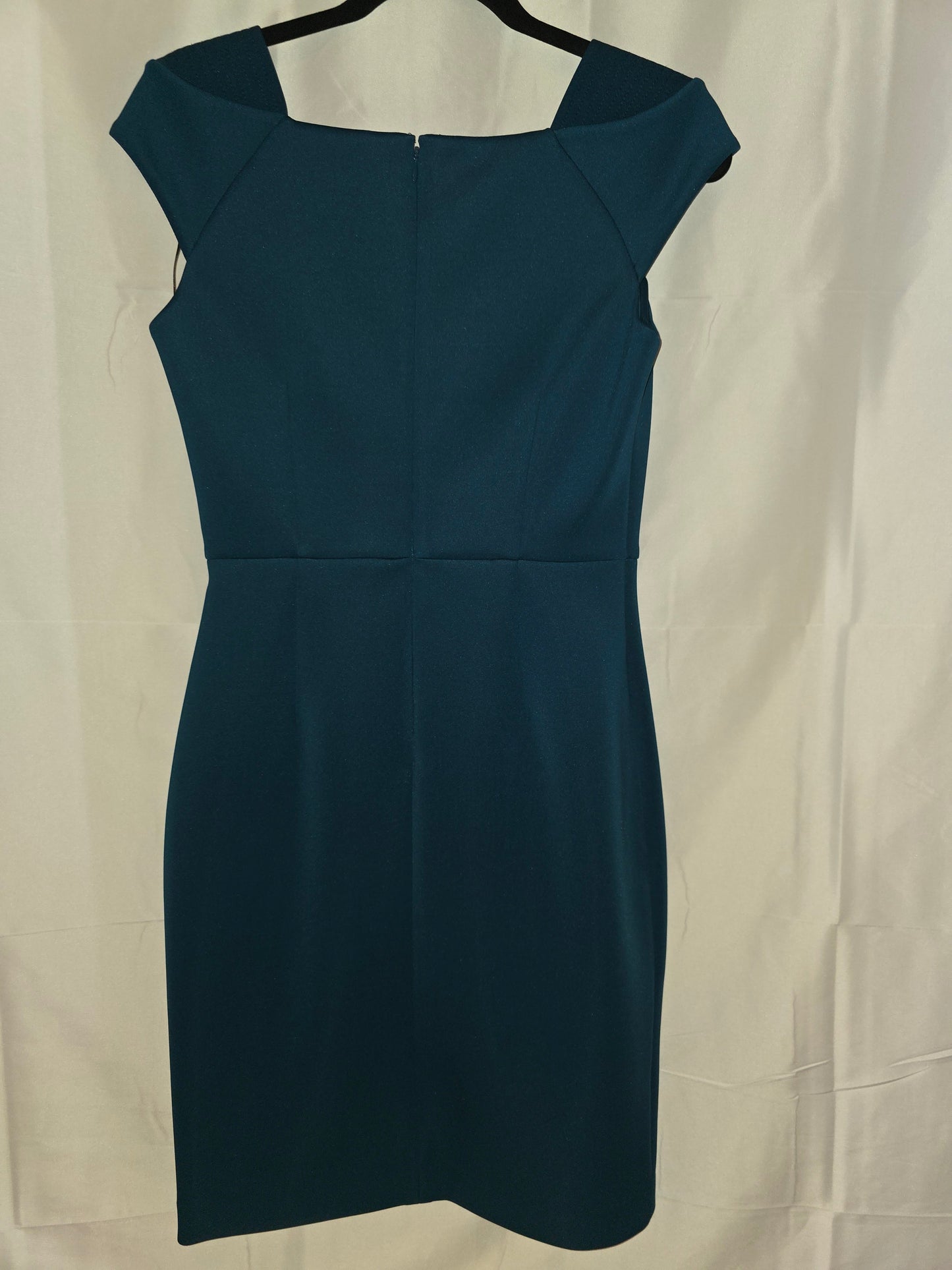 Calvin Klein Teal Scuba Cap Sleeve Square Neck Sheath Dress with Asymmetric Size 6 - All Seasons Curves