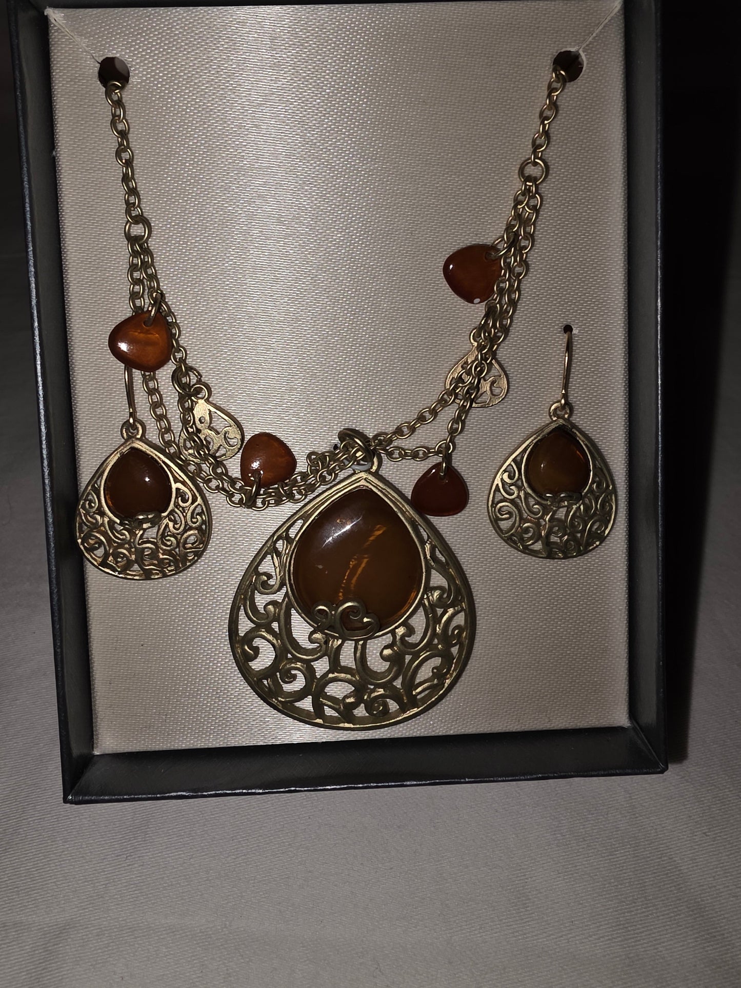 Bohemian Amber - Tone Teardrop Necklace & Earring Set with Filigree Accents - All Seasons Curves
