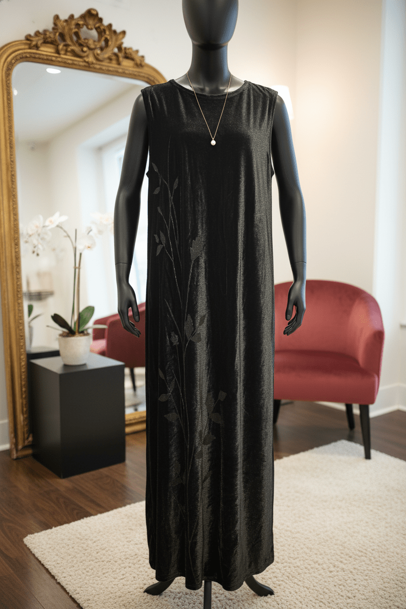 Norton Studio Elegant Black & Silver Botanical Velvet Maxi Dress - All Seasons Curves