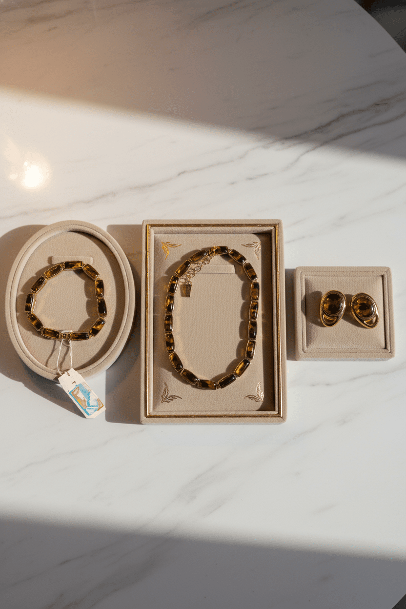 Vintage - Inspired Gold - Tone & Brown "FI." Barrel Link Jewelry Set (Necklace, Bracelet, & Earrings) - All Seasons Curves
