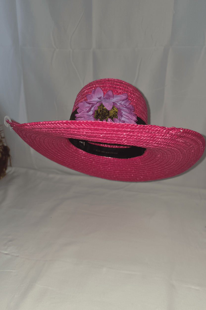 Vibrant Fuchsia Pink Straw Sun Hat with Purple Fabric Flowers - All Seasons Curves