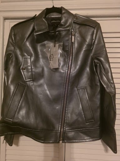 BCBGMAXAZRIA metallic silver faux - leather moto jacket with a sleek, modern finish - All Seasons Curves