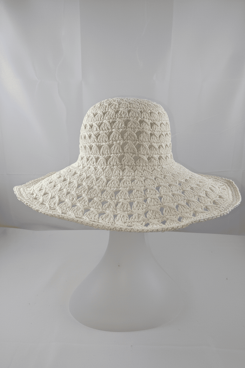 Hand - Crocheted Cream Straw Sun Hat with Scalloped Brim - All Seasons Curves