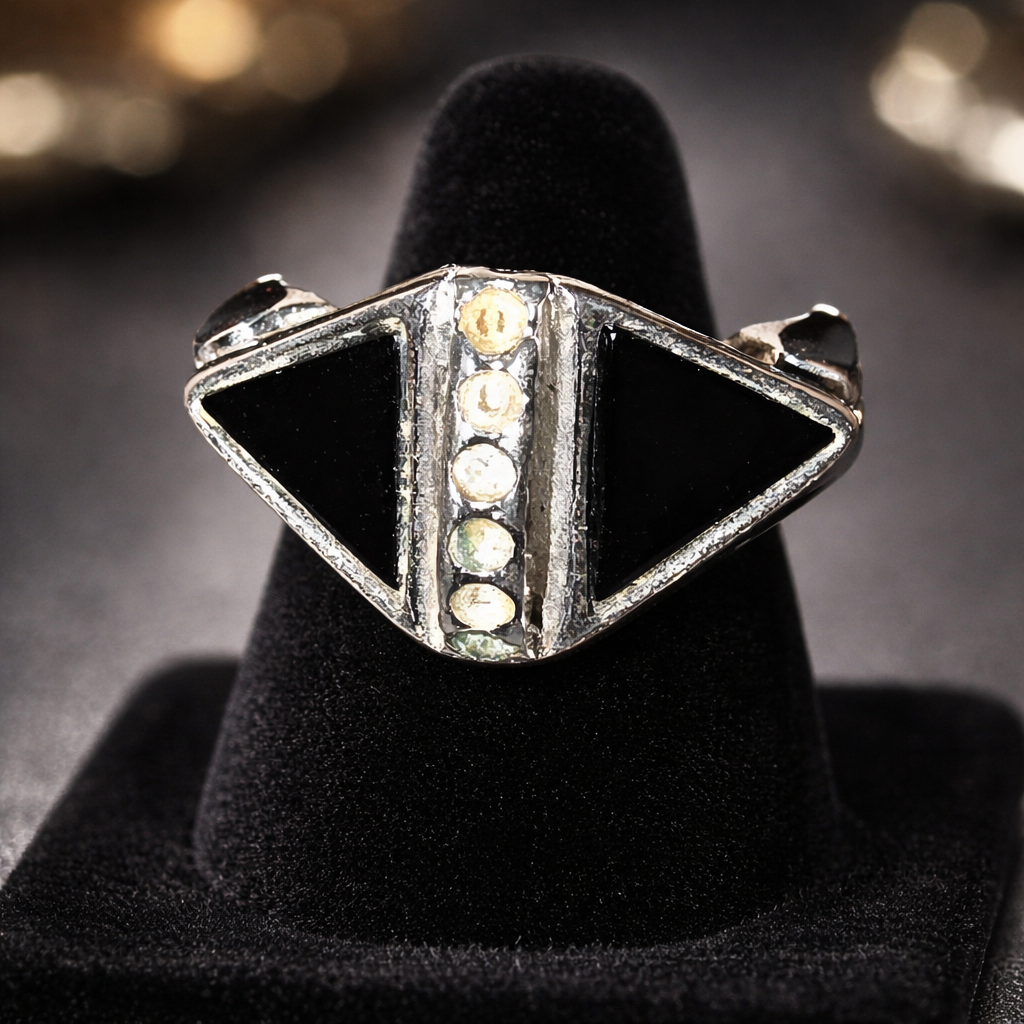 Art Deco Style Black Onyx & Diamond Accent Geometric Ring | Sterling Silver Statement Jewelry
