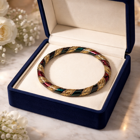 Vintage-Style Green & Red Enameled Bangle Bracelet | Gold-Tone Wire-Wrapped Boho Jewelry