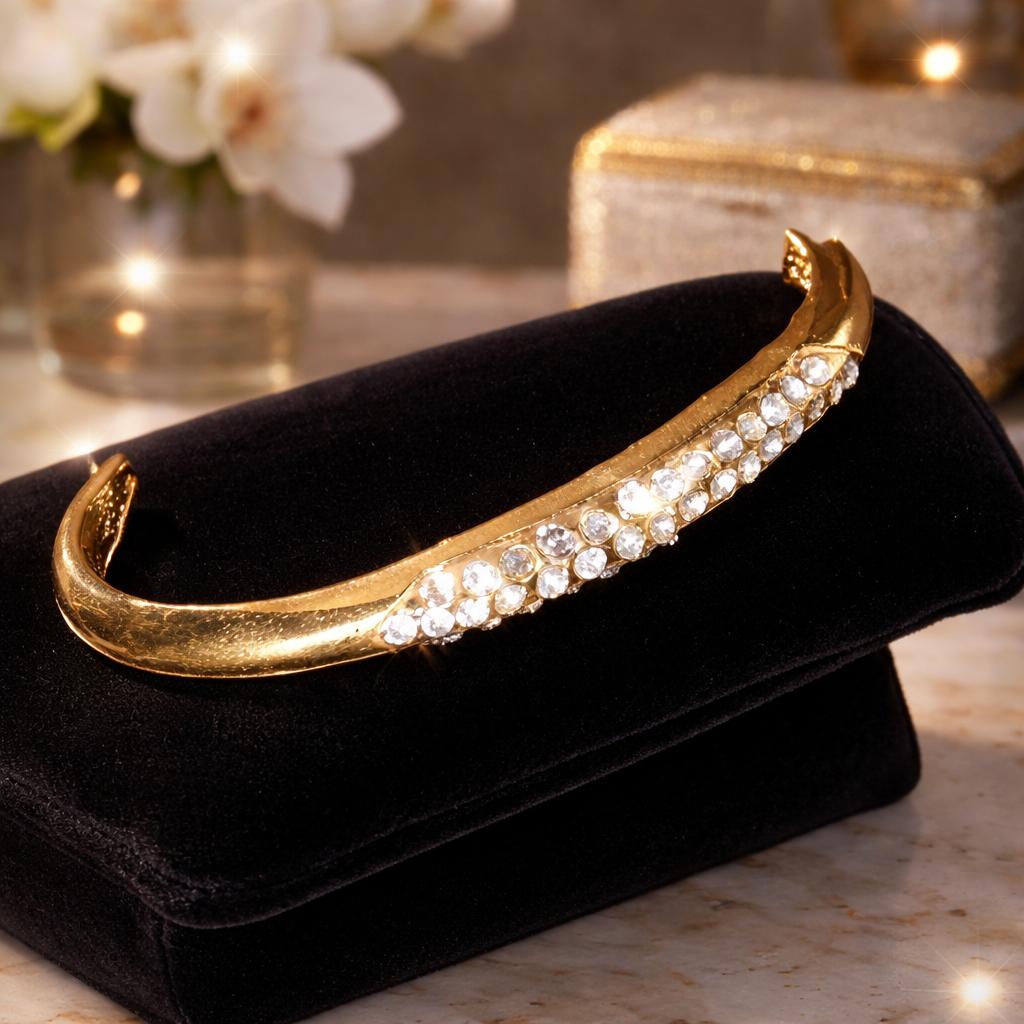 Sparkling Crystal Pave Gold-Tone Bangle Bracelet | Classic Rhinestone Hinged Cuff Jewelry