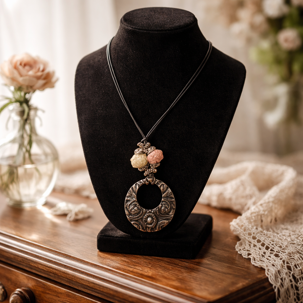 Bohemian Hammered Metal O-Ring Necklace | Black Cord Statement Pendant with Artisan Nut Beads