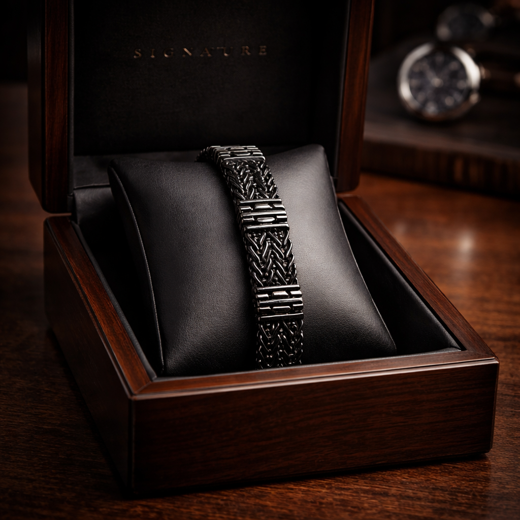 Vintage Mexican-Style Panel Bracelet | Antiqued Silver-Tone & Black Accent Link Jewelry