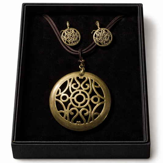 Bohemian Bronze Filigree Necklace & Earring Set | Celtic Mandala Round Pendant Jewelry