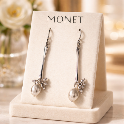 Monet Silver-Tone Faux Pearl & Crystal Cluster Drop Earrings | Classic Dangle Jewelry