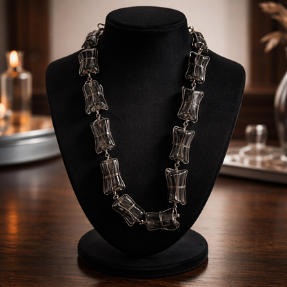 Artisan Hammered Gunmetal-Tone Link Necklace & Earring Set | Modernist Brutalist Abstract Jewelry