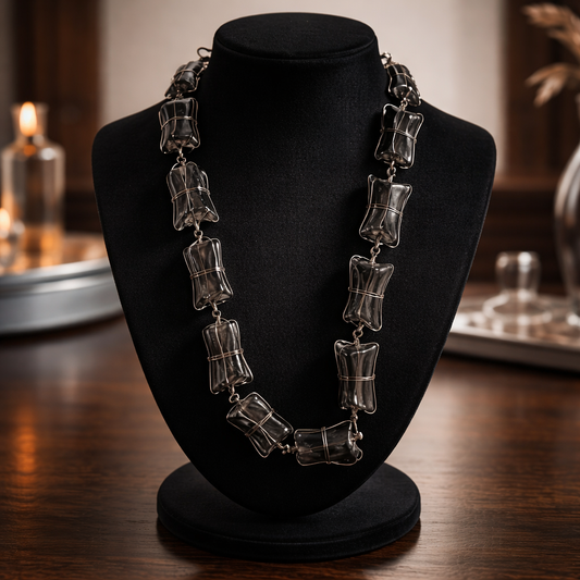 Artisan Hammered Gunmetal-Tone Link Necklace & Earring Set | Modernist Brutalist Abstract Jewelry