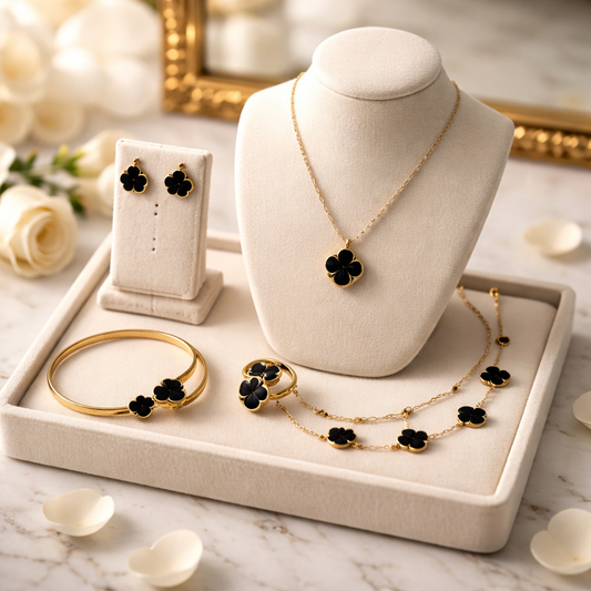 Lucky Clover Jewelry Set | 18K Gold Plated Black Onyx Necklace, Bracelet & Earrings Gift Set