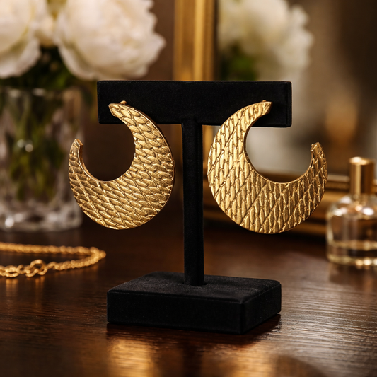 Vintage Hammered Gold-Tone Crescent Hoop Earrings | Textured Moon Shape Statement Jewelry