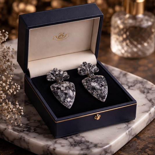 Vintage Marble-Effect Drop Earrings | Statement Black & White Mottled Fan & Heart Jewelry