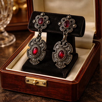 Gothic Victorian Revival Dangle Earrings | Antiqued Pewter-Tone & Ruby Red Rhinestone Jewelry