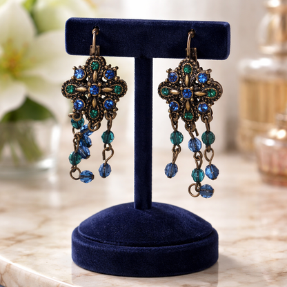 Bohemian Chandelier Dangle Earrings | Antique Bronze Tone & Teal Blue Crystal Statement Jewelry