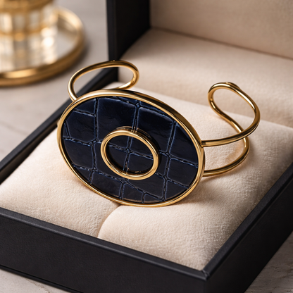Art Deco Style Open Cuff Bracelet | Gold-Tone Bangle with Navy Blue Faux Croc Inlay