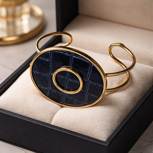 Art Deco Style Open Cuff Bracelet | Gold-Tone Bangle with Navy Blue Faux Croc Inlay