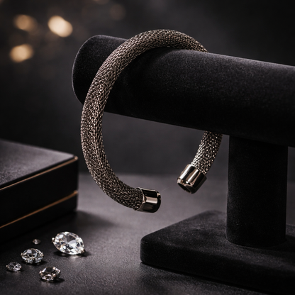 Chunky Mesh Cuff Bracelet | Gunmetal Tone Woven Wire Open Bangle | Modernist Statement Jewelry