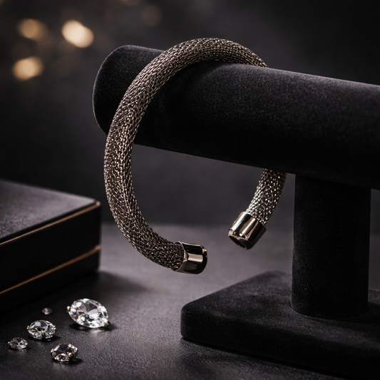 Chunky Mesh Cuff Bracelet | Gunmetal Tone Woven Wire Open Bangle | Modernist Statement Jewelry