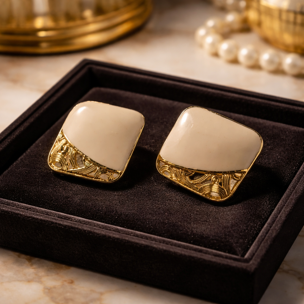 Vintage-Inspired Cream Enamel & Ornate Gold Button Stud Earrings