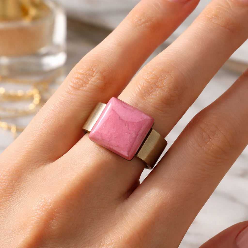 The "Monalisa" Square Pink Stone Statement Ring