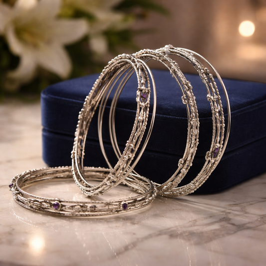 Bohemian Oxidized Silver & Amethyst Stackable Bangle Set