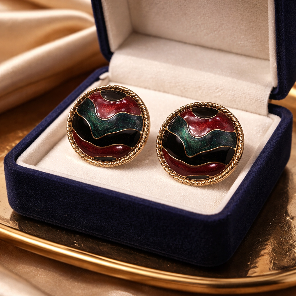 The "Byzantine" Red, Green, & Black Enamel Button Stud Earrings