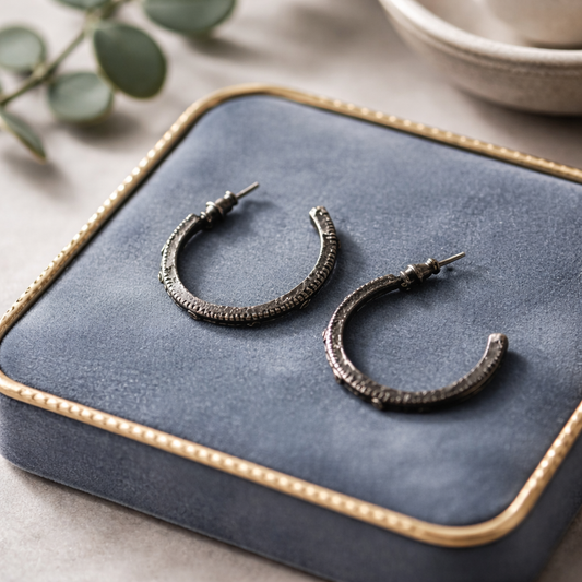 Artisan Etched Dark Silver/Gunmetal Half-Hoop Earrings