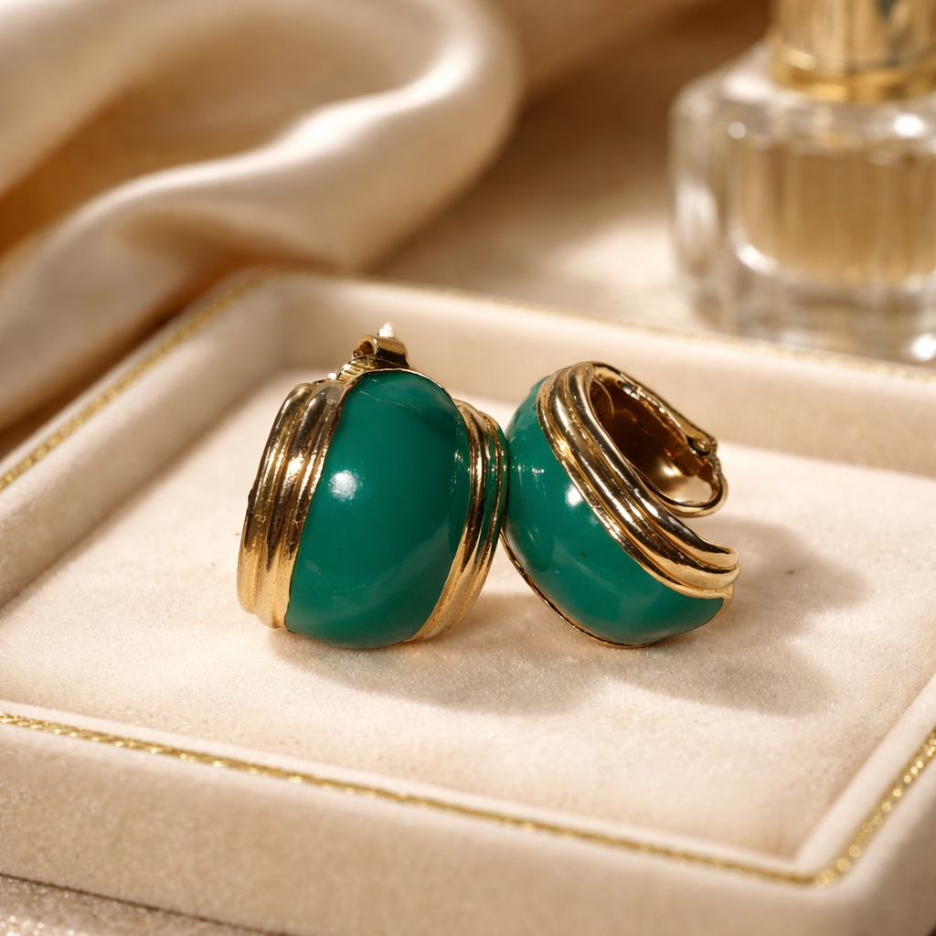 The "Mid-Century" Emerald Green & Gold Domed Clip-On Earrings