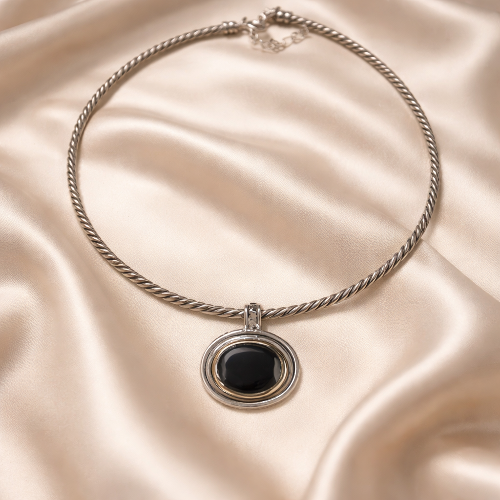 The "Eclipse" Two-Tone Onyx Pendant & Omega Chain Necklace