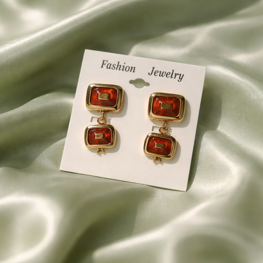 The "Mid-Century" Gold & Red Amber Double Drop Earrings