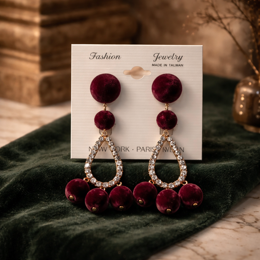 The "Velvet Noir" Rhinestone & Burgundy Drop Statement Earrings