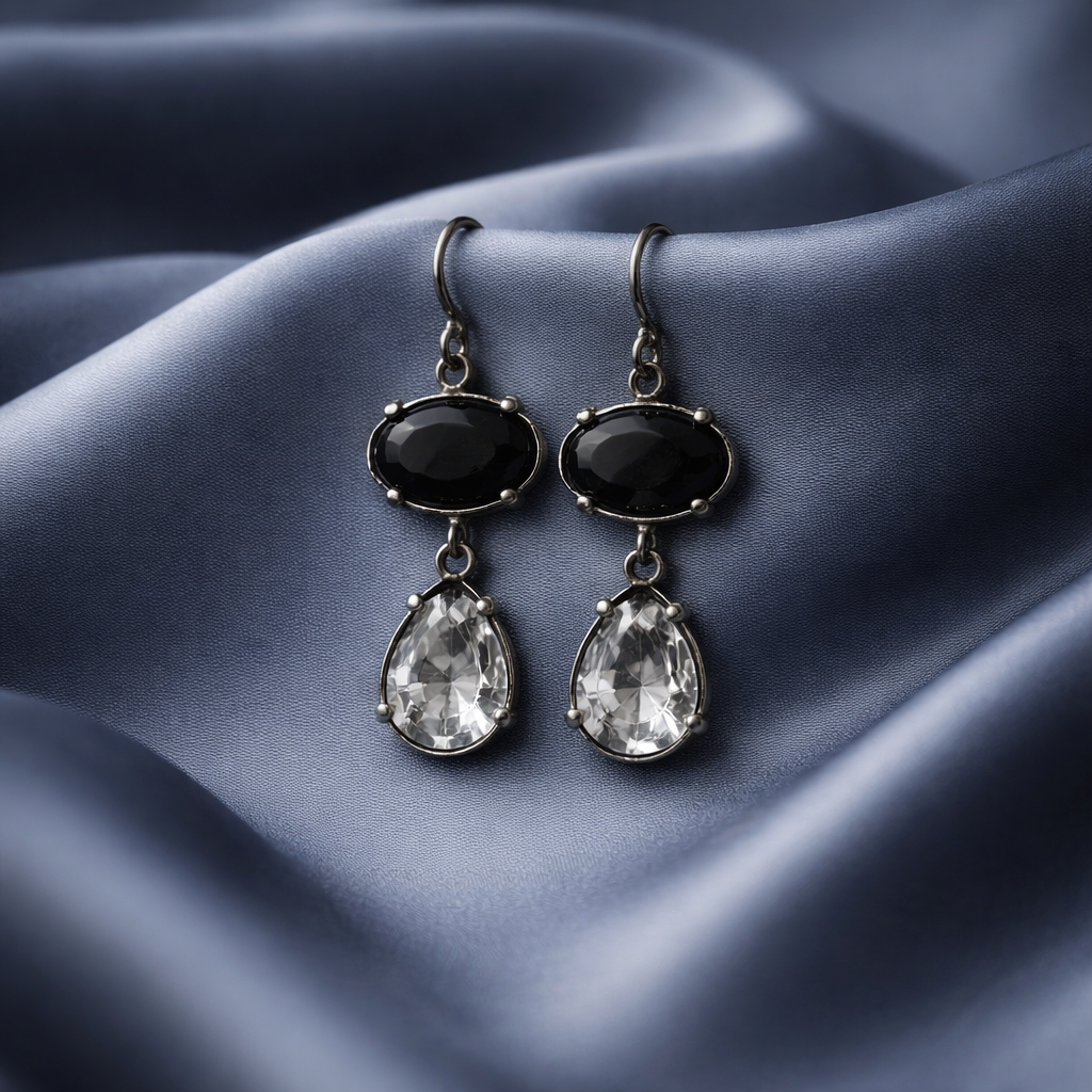 The "Valentina" Black Onyx & Crystal Double Drop Earrin