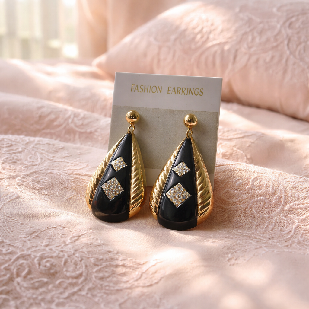 The "Mid-Century Glamour" Black Onyx & Crystal Drop Earrings