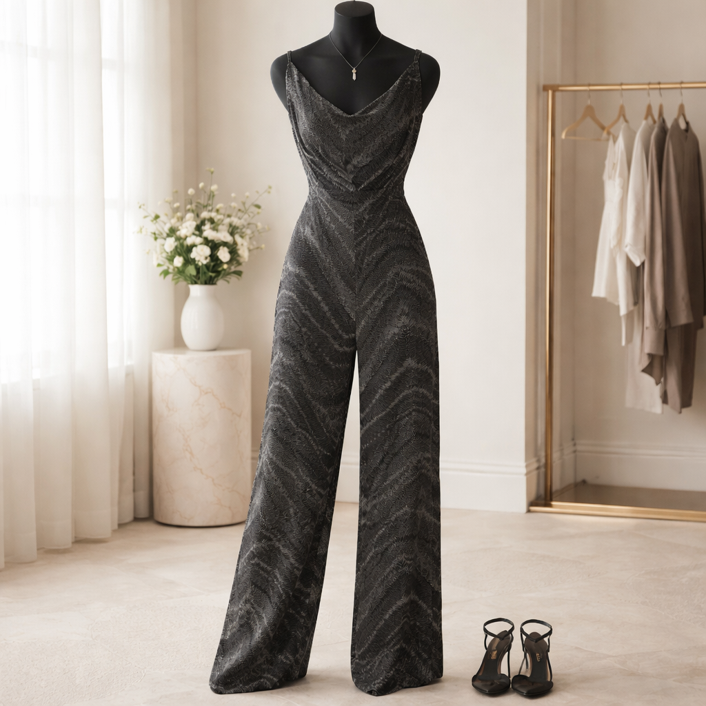Black Saks Fifth Avenue The "City Nights" Metallic tube Cowl Neck Jumpsuit Size Large