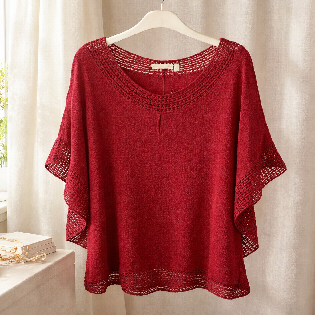 The "Boho Crochet" Red Linen-Blend Tunic Top