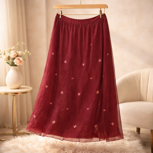 The "Fairytale" Burgundy Floral Embroidered Tulle Skirt Size 2X